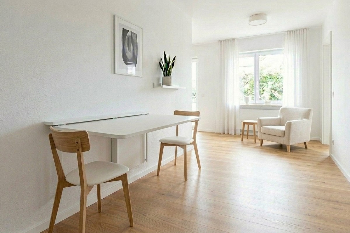 Wall-mounted drop-leaf table folded down in a compact multi-functional room.