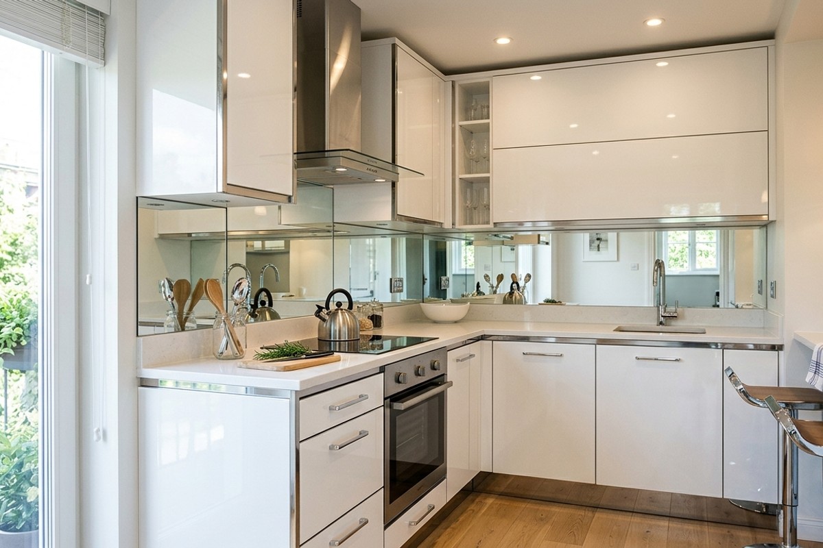Modern small kitchen with a mirrored backsplash, high-gloss white cabinet fronts, and polished chrome hardware reflecting light.