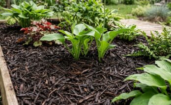 Garden bed with a thick layer of dark shredded bark mulch suppressing weeds and retaining soil moisture around thriving green plants.