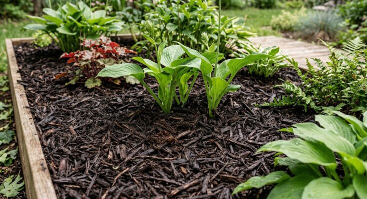 Garden bed with a thick layer of dark shredded bark mulch suppressing weeds and retaining soil moisture around thriving green plants.
