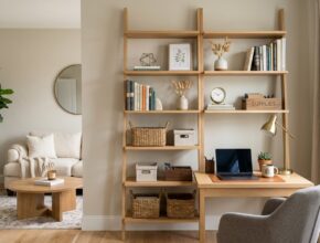 Floating shelves or minimalist ladder bookshelf utilizing wall space above a desk for organized office supplies and decor.