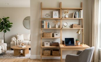 Floating shelves or minimalist ladder bookshelf utilizing wall space above a desk for organized office supplies and decor.