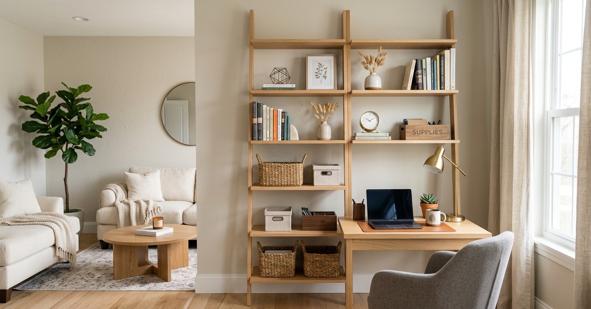 Floating shelves or minimalist ladder bookshelf utilizing wall space above a desk for organized office supplies and decor.