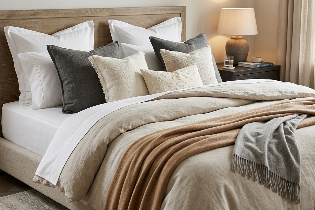 Luxurious bed with high-thread-count sheets, a plush duvet, and textured linen and cashmere throw pillows.