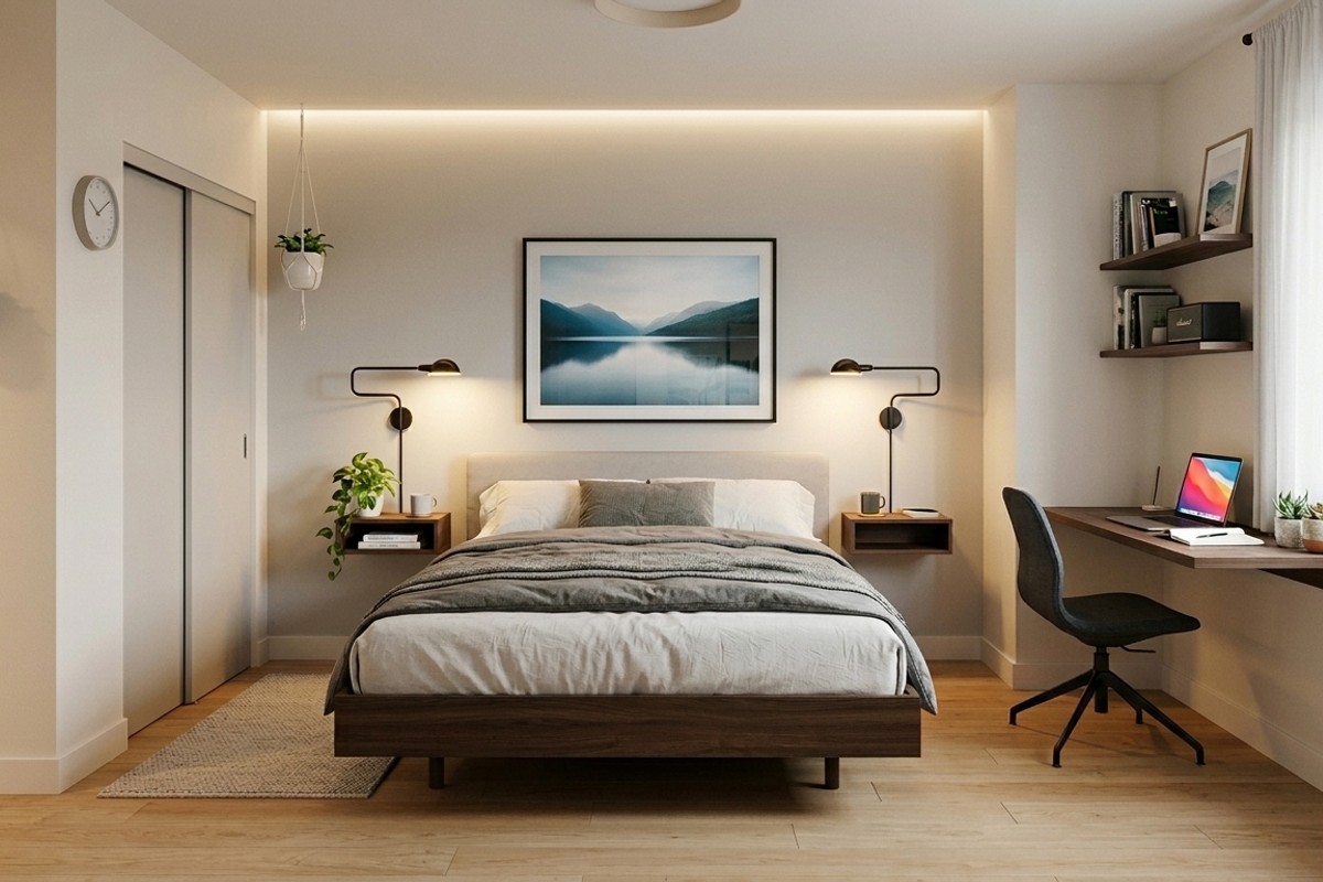 Wall-mounted TV, bedside lamps, and small desk in a small bedroom to free up floor space