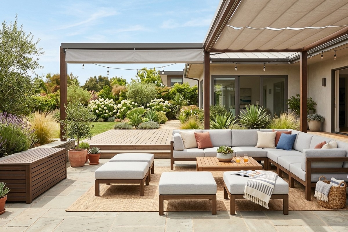 Modular outdoor sofas, ottomans, and a storage bench arranged for flexible seating in a backyard.