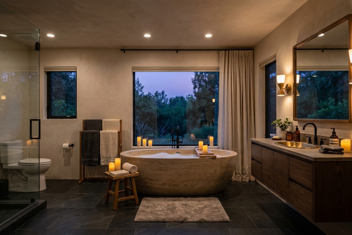 Tranquil bathroom with soft, layered lighting including dimmable overhead lights, sconces, and flameless candles.