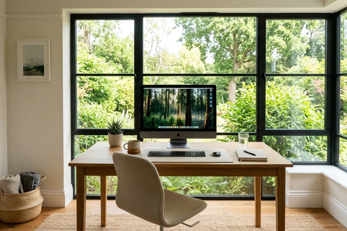 A home office desk positioned by a large window, filled with bright natural light.
