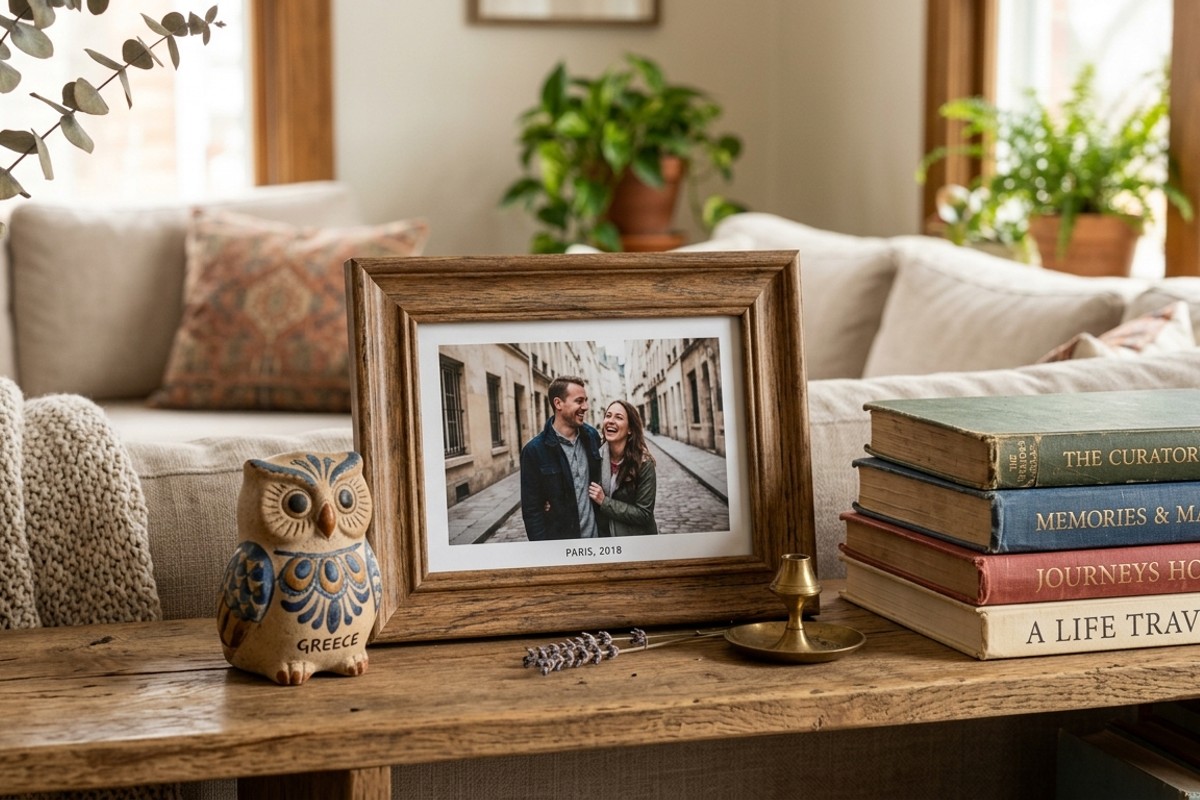 Living room decor showing framed photographs, travel souvenirs, and books on a coffee table.
