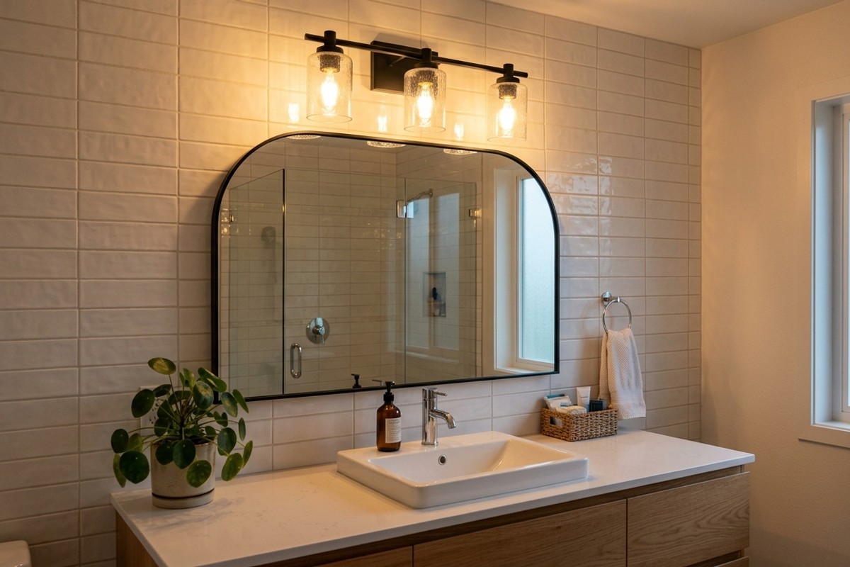 Stylish modern sconces illuminating a bathroom vanity, enhancing ambiance.