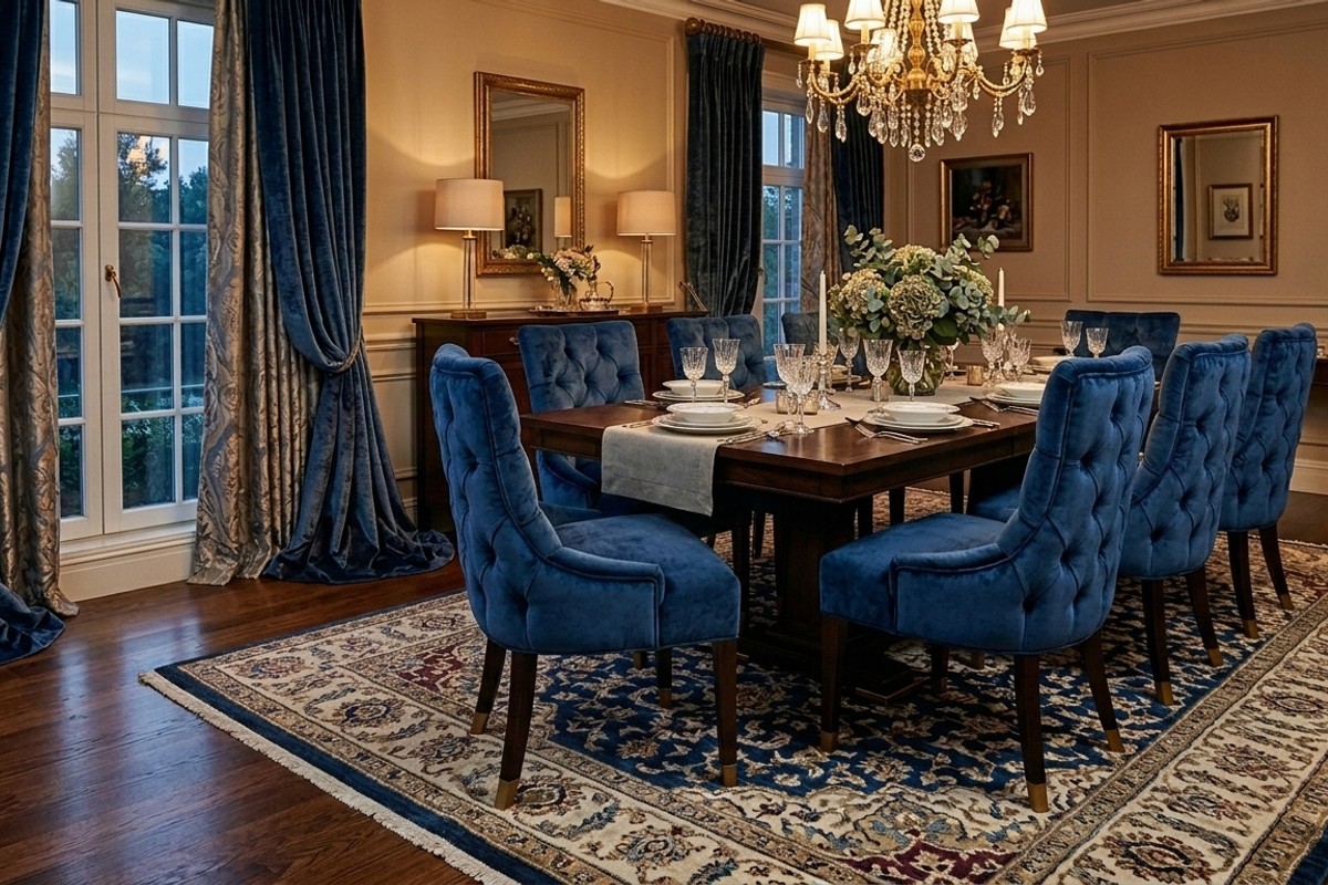Dining room with upholstered chairs, plush area rug, and elegant pooling drapes for added coziness.