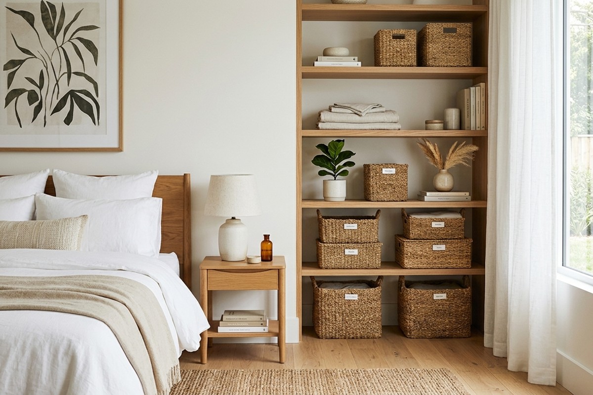 Organized bedroom with stylish storage baskets, illustrating a clutter-free and serene luxurious space.