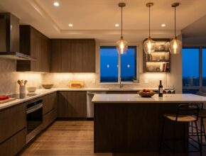 Modern kitchen with layered lighting, showing task lighting, ambient lights, and accent lighting for ambiance.