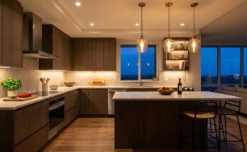 Modern kitchen with layered lighting, showing task lighting, ambient lights, and accent lighting for ambiance.