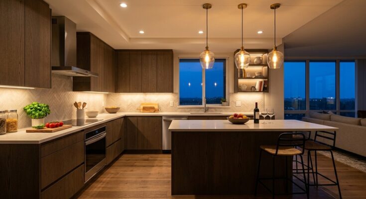 Modern kitchen with layered lighting, showing task lighting, ambient lights, and accent lighting for ambiance.