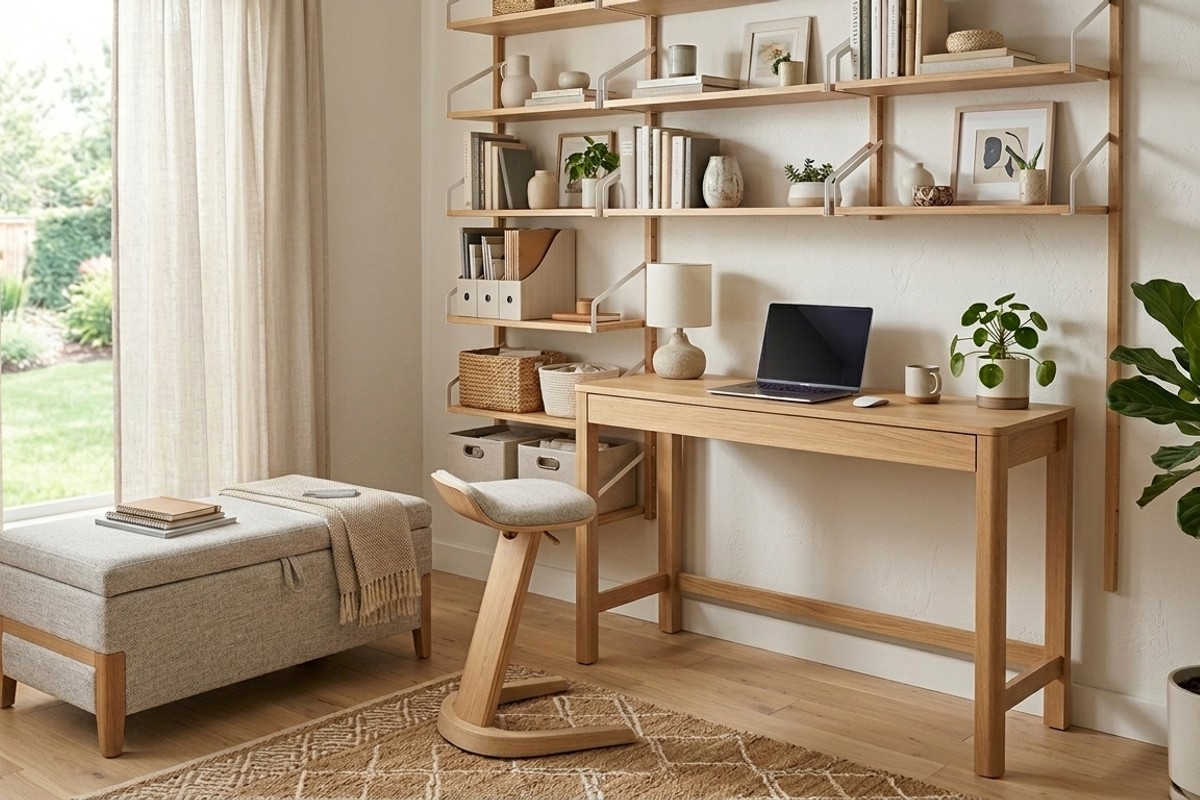 Convertible ottoman with storage and a console table used as a standing desk in a flexible home office.