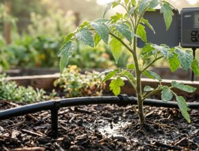 Drip irrigation lines watering plants, managed by a smart controller for efficient, automated hydration.