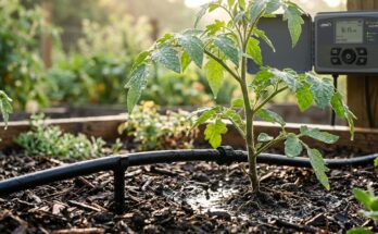 Drip irrigation lines watering plants, managed by a smart controller for efficient, automated hydration.