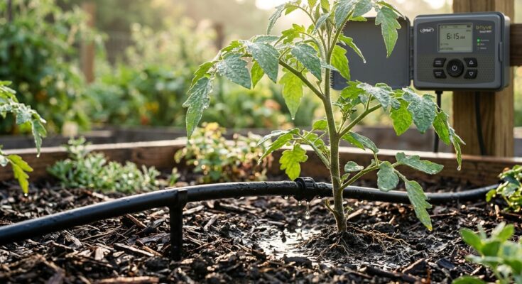 Drip irrigation lines watering plants, managed by a smart controller for efficient, automated hydration.