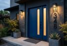 Sleek bold blue modern front door with frosted glass, geometric LED sconces, and large sans-serif house numbers.