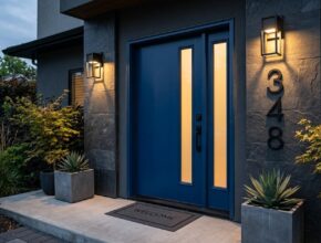 Sleek bold blue modern front door with frosted glass, geometric LED sconces, and large sans-serif house numbers.