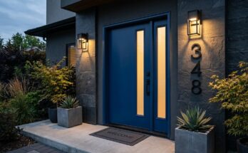 Sleek bold blue modern front door with frosted glass, geometric LED sconces, and large sans-serif house numbers.