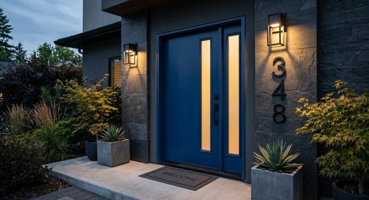 Sleek bold blue modern front door with frosted glass, geometric LED sconces, and large sans-serif house numbers.