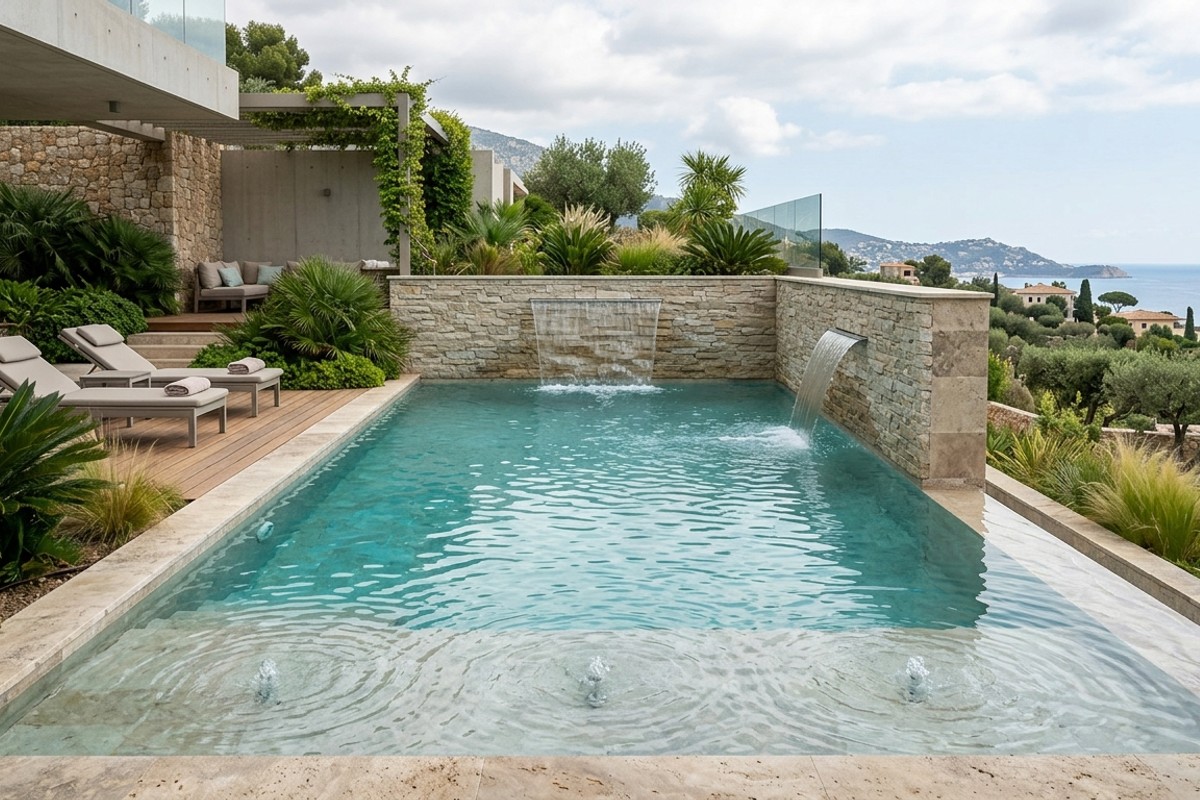 Swimming pool with elegant water features, including a cascading waterfall, sheer descent, and bubbling fountains.