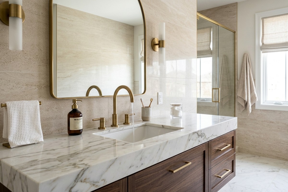 Luxurious bathroom with a marble countertop, large format porcelain tiles, and elegant brushed brass fixtures.