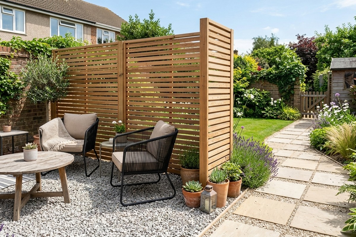 Small backyard with distinct zones created by pea gravel seating area, paver pathway, and a decorative screen.