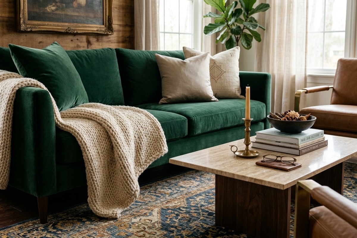 Living room textures including plush velvet cushions, a chunky knit throw, a silk rug, and a polished stone coffee table.