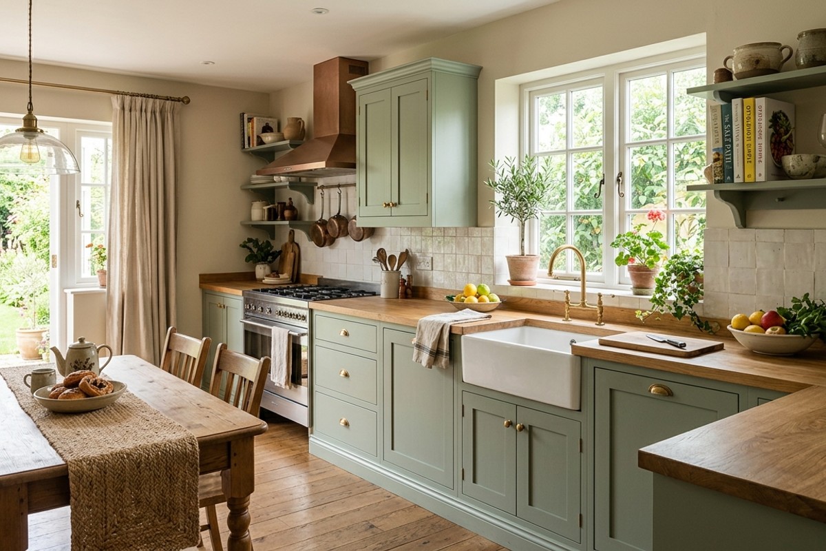 Kitchen with sage green cabinetry and creamy greige walls, creating a calming, welcoming atmosphere.