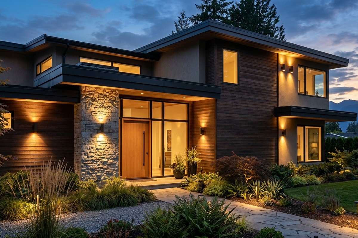 Architectural sconces and uplighting casting warm, ambient light on a textured home facade at dusk.