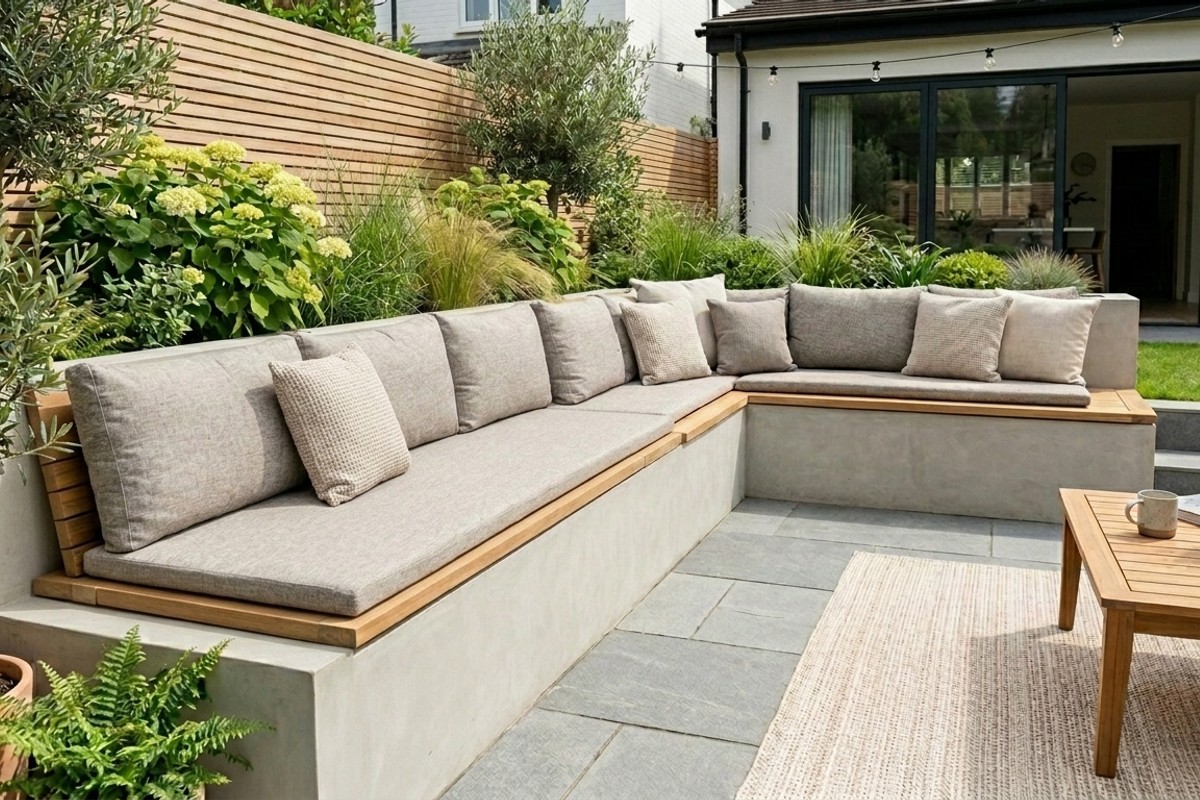 Built-in patio benches with integrated storage for cushions and outdoor items.
