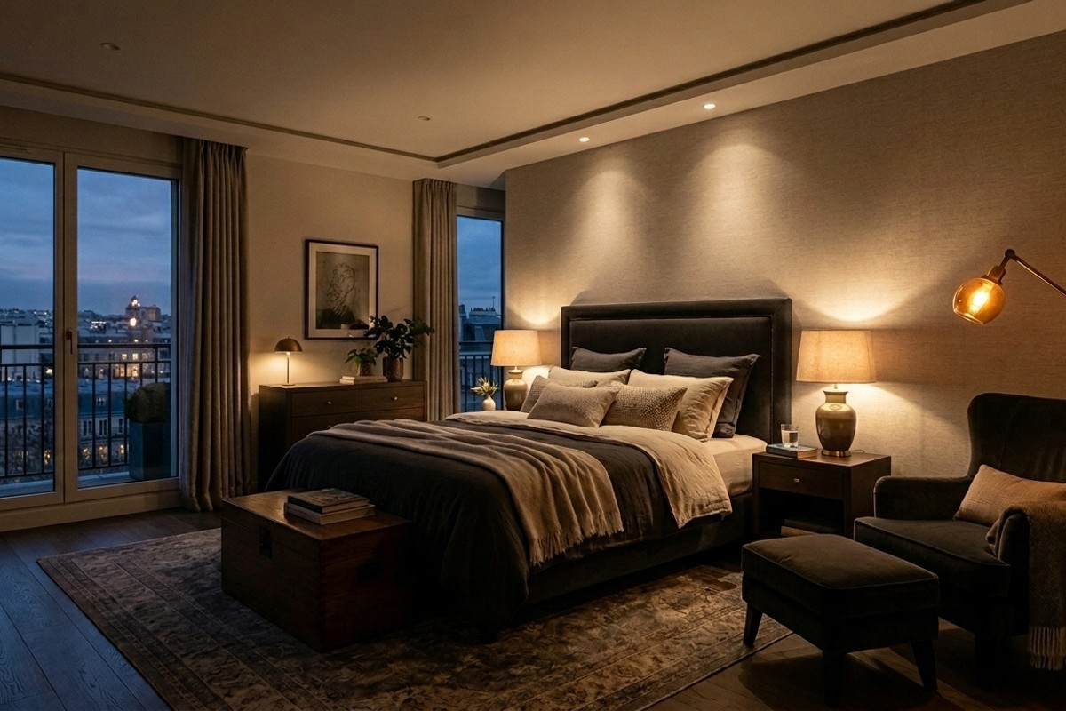 A strategically lit luxury bedroom featuring dimmable overhead recessed lights, chic bedside lamps, and a floor lamp creating a soft, intimate ambiance.
