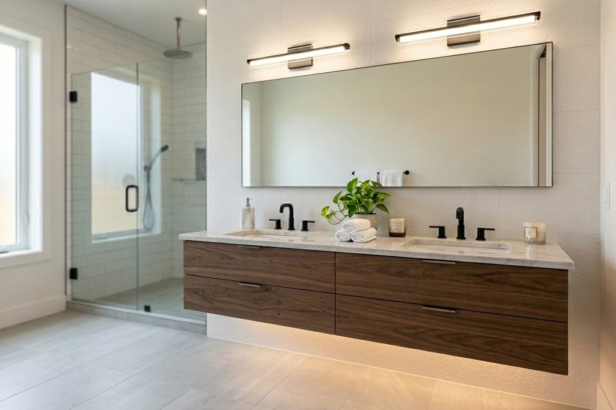Modern bathroom vanity with contemporary lighting and under-vanity LED strip lighting