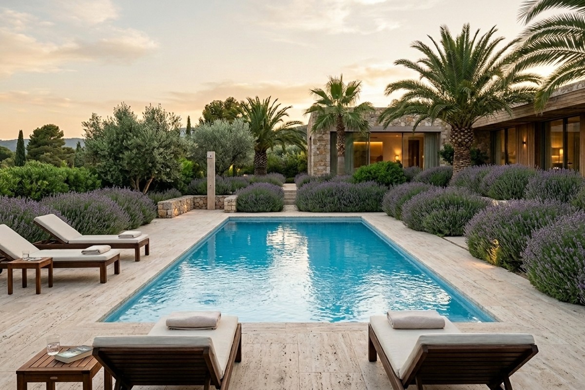 Lush, drought-tolerant landscaping with ornamental grasses and palms providing privacy around a stylish pool