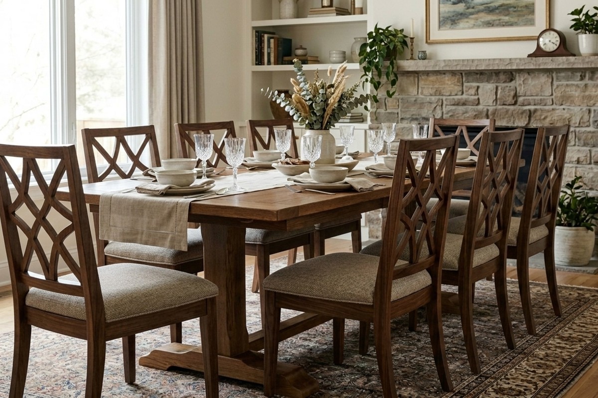 Dining table flanked by upholstered host chairs and side chairs with unique architectural backs.