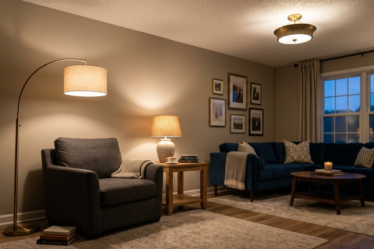 Living room with layered lighting, including an overhead fixture, a floor lamp by an armchair, and a table lamp, creating a bright and inviting atmosphere.