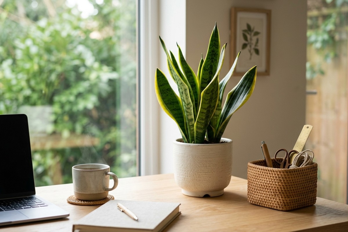 A peaceful home office desk featuring a snake plant, natural wood accents, and woven storage under bright natural light.