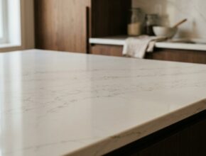 Elegant kitchen countertop made of polished quartz showcasing its durability and beauty