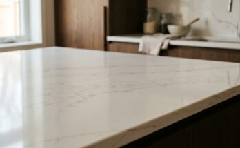 Elegant kitchen countertop made of polished quartz showcasing its durability and beauty