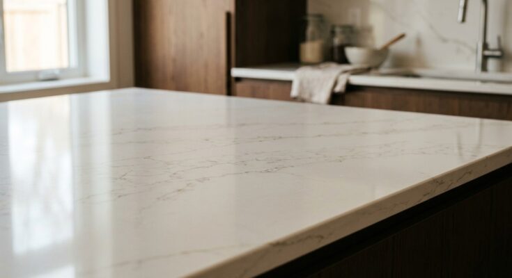 Elegant kitchen countertop made of polished quartz showcasing its durability and beauty