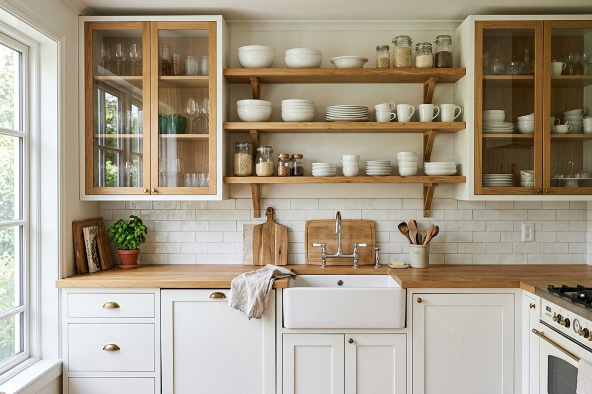 Small kitchen with light open shelving and glass-front cabinets to increase visual flow.