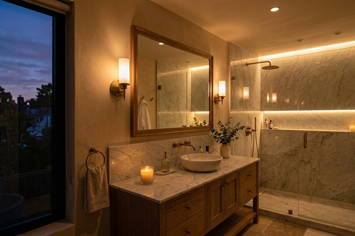Ambient bathroom lighting with dimmed overhead lights, elegant sconces, and recessed shower lighting for a soft glow.