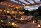 Evening patio scene with portable lighting, showing string lights, lanterns, and solar-powered lamps creating ambiance