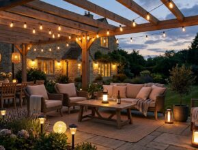 Evening patio scene with portable lighting, showing string lights, lanterns, and solar-powered lamps creating ambiance