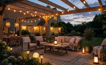 Evening patio scene with portable lighting, showing string lights, lanterns, and solar-powered lamps creating ambiance