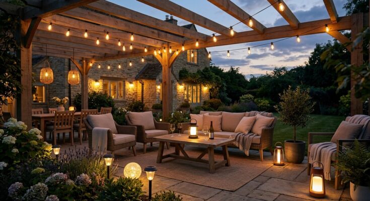Evening patio scene with portable lighting, showing string lights, lanterns, and solar-powered lamps creating ambiance