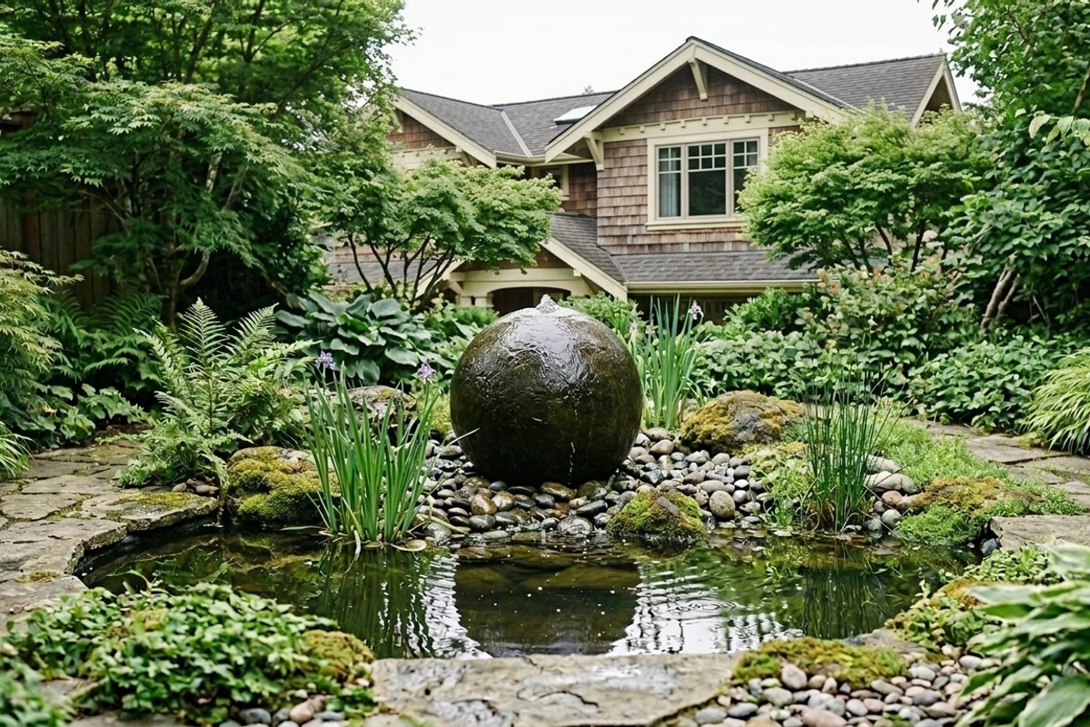 Minimalist bubbling sphere water feature in a serene backyard, integrated with a small reflecting pond and lush greenery.
